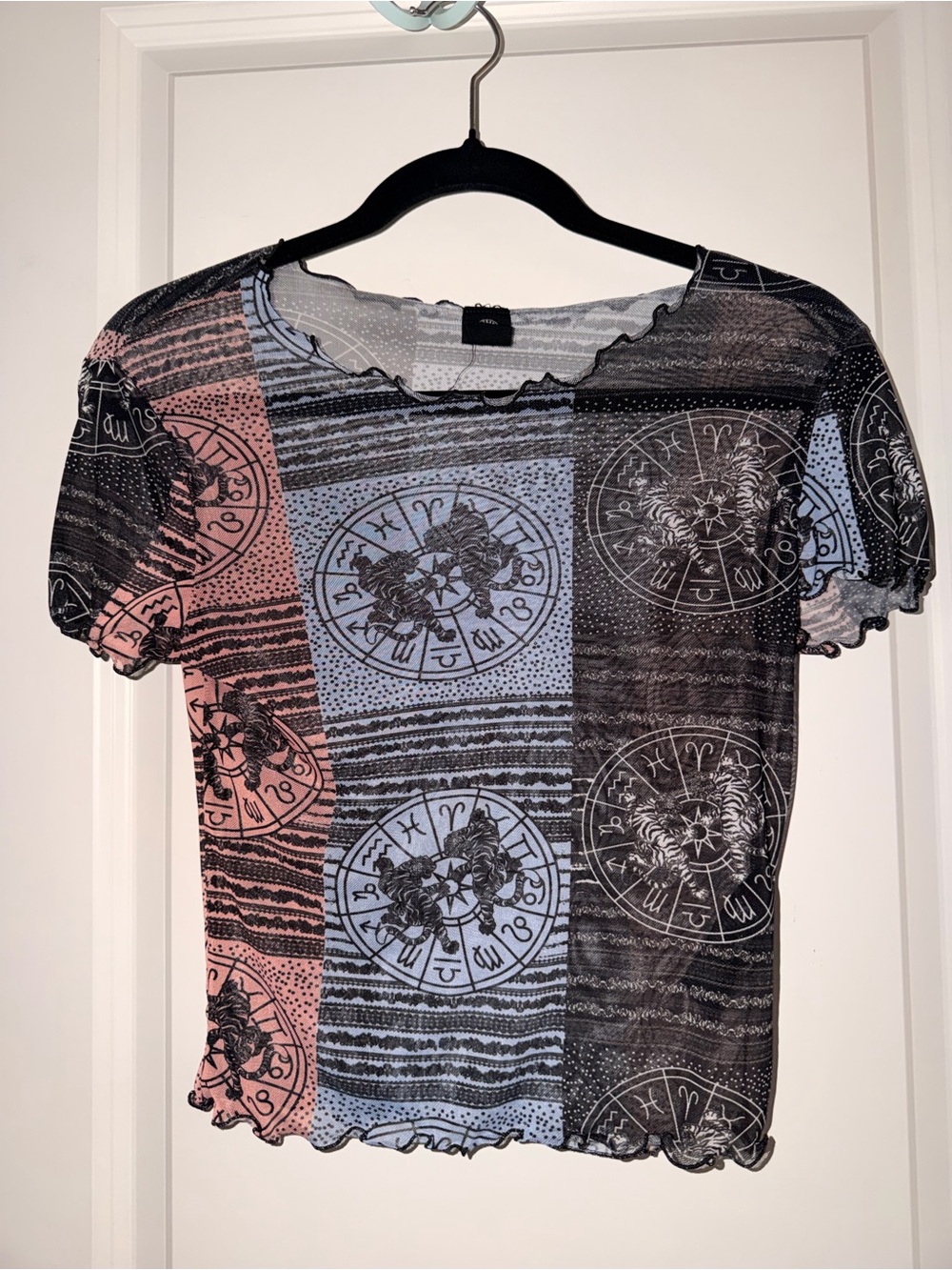 Urban Outfitters Sheer Zodiac Panel Short Sleeve Top in Pink, Blue & Black
